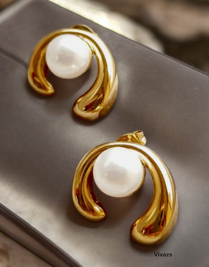 VIVAZS 18K PVD Gold Plated Pearl Stud Earrings