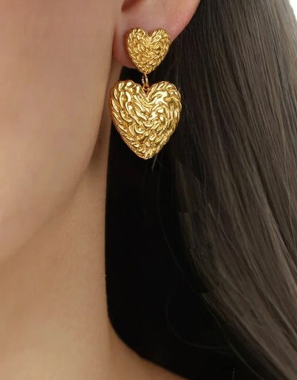 VIVAZS 18K PVD Gold Plated Hammered Heart texture Dangle Earrings