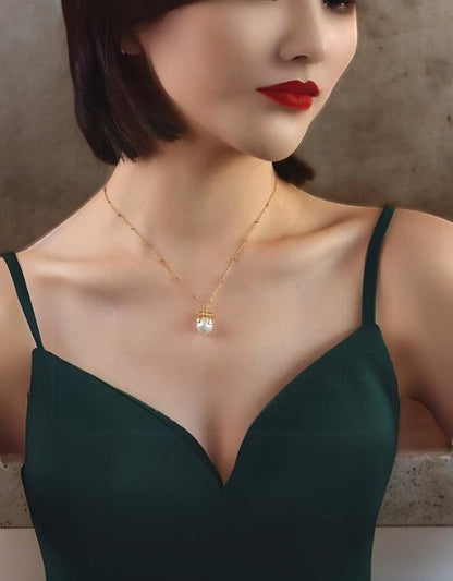 VIVAZS 18K PVD Gold Plated Pearl Bow Pendant Necklace