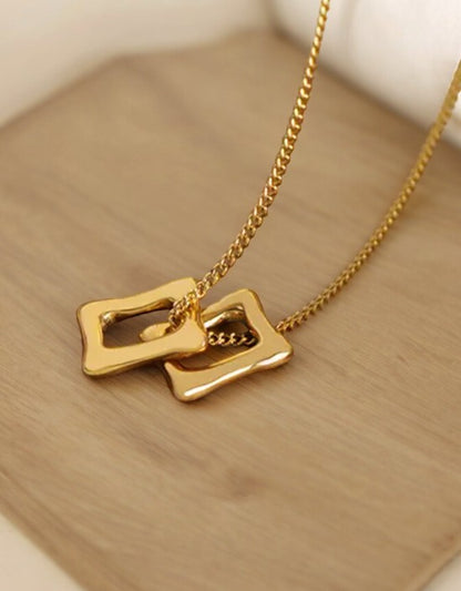 VIVAZS 18K PVD Gold Plated Hollow Geometric Square Pendant with Necklace