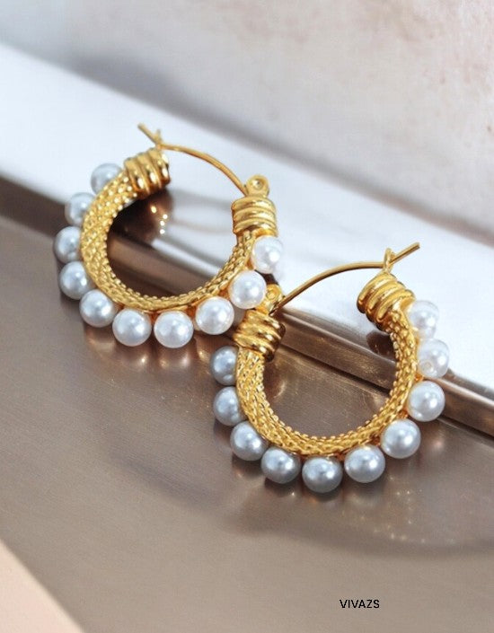 VIVAZS 18K PVD Gold Plated Pearl Hoop Earrings