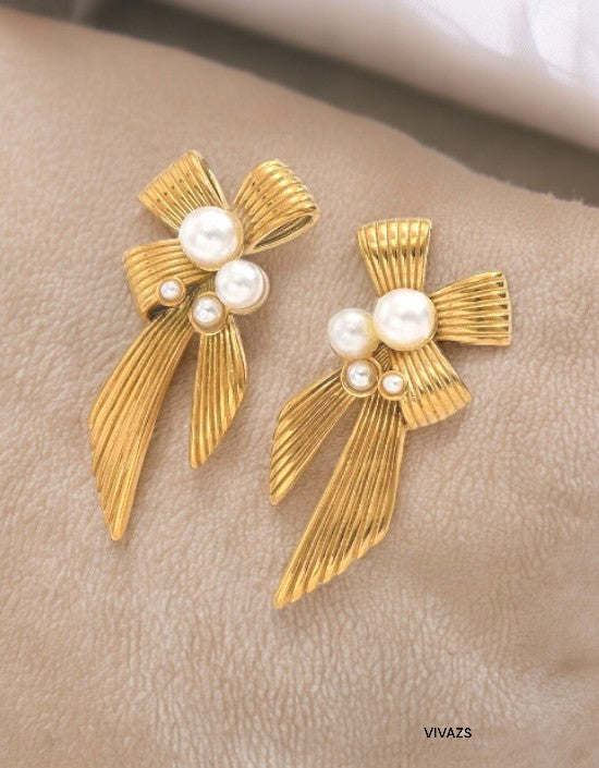 VIVAZS 18K PVD Gold Plated Pearl Bow Earrings