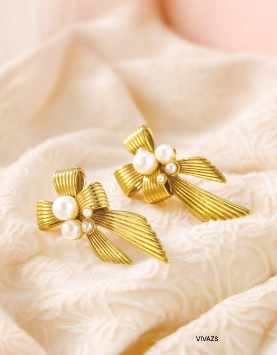 VIVAZS 18K PVD Gold Plated Pearl Bow Earrings