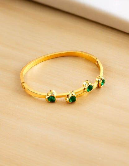 VIVAZS 18K PVD GOLD Plated Emerald Heart Green Bangle Bracelet