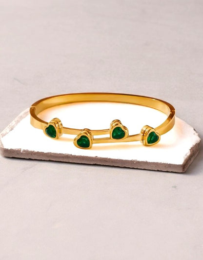 VIVAZS 18K PVD GOLD Plated Emerald Heart Green Bangle Bracelet