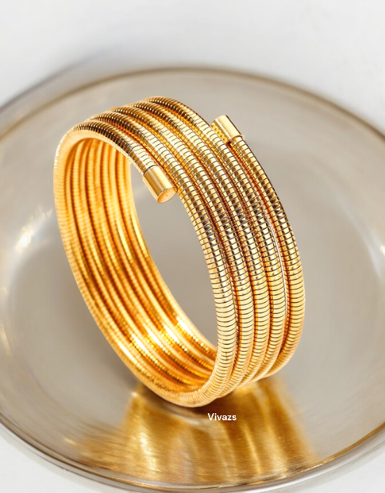 VIVAZS 18K PVD GOLD Plated Spiral Bangle Bracelet