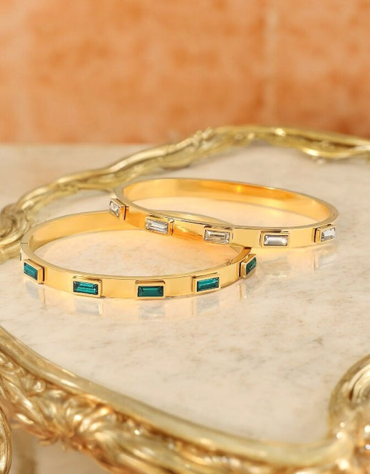 VIVAZS 18K PVD GOLD Plated Emerald White Zircon/Green Crystal Stone Bangle Bracelet