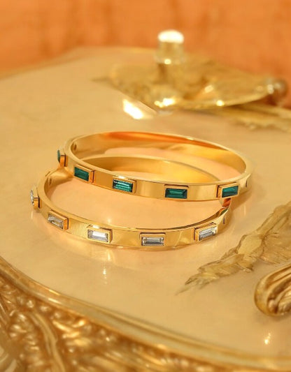 VIVAZS 18K PVD GOLD Plated Emerald White Zircon/Green Crystal Stone Bangle Bracelet