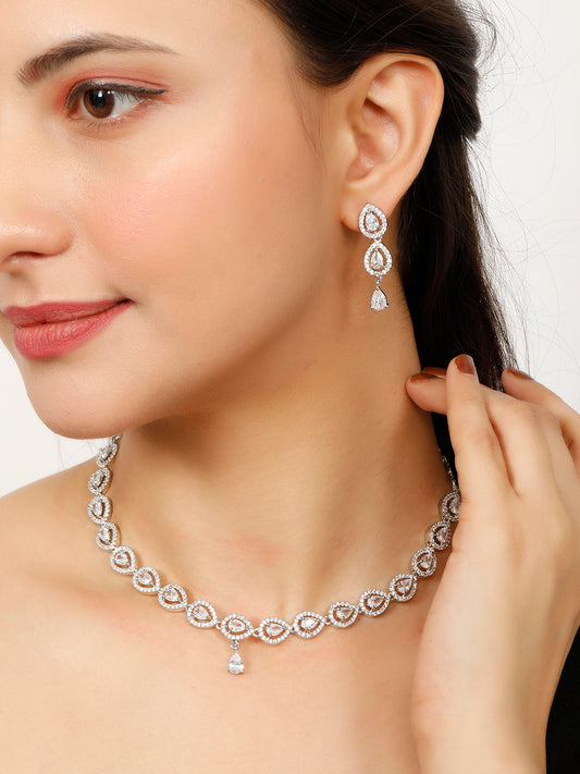VIVAZS Silver-Plated AD Stone Classy Necklace Set