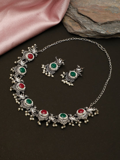 VIVAZS Silver-Plated Oxidised Jewellery Set