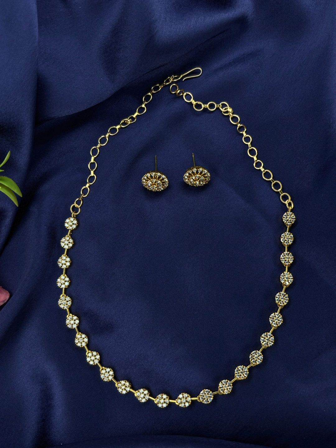 Gold-Plated AD and Cubic Zirconia Floral Necklace Jewellery Set with Stud Earrings