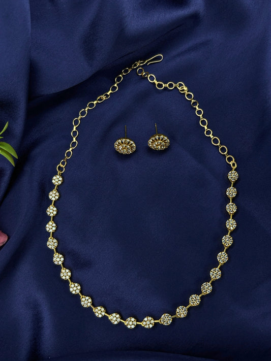 Gold-Plated AD and Cubic Zirconia Floral Necklace Jewellery Set with Stud Earrings
