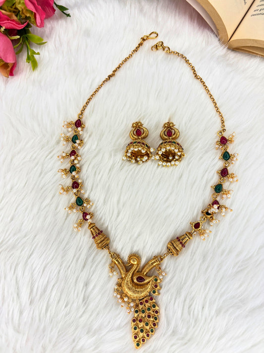 Gold-Plated Temple Peacock Motif Ruby & Green Stone Pearl Drop Necklace Jewellery Set