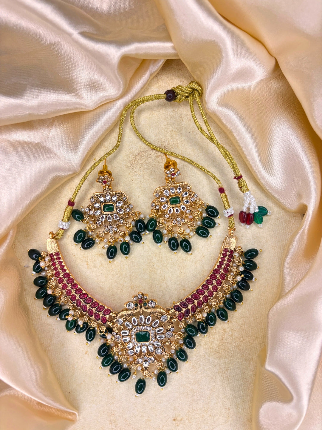 Gold-Plated Kundan Ruby Stone Statement Choker Necklace Jewellery Set