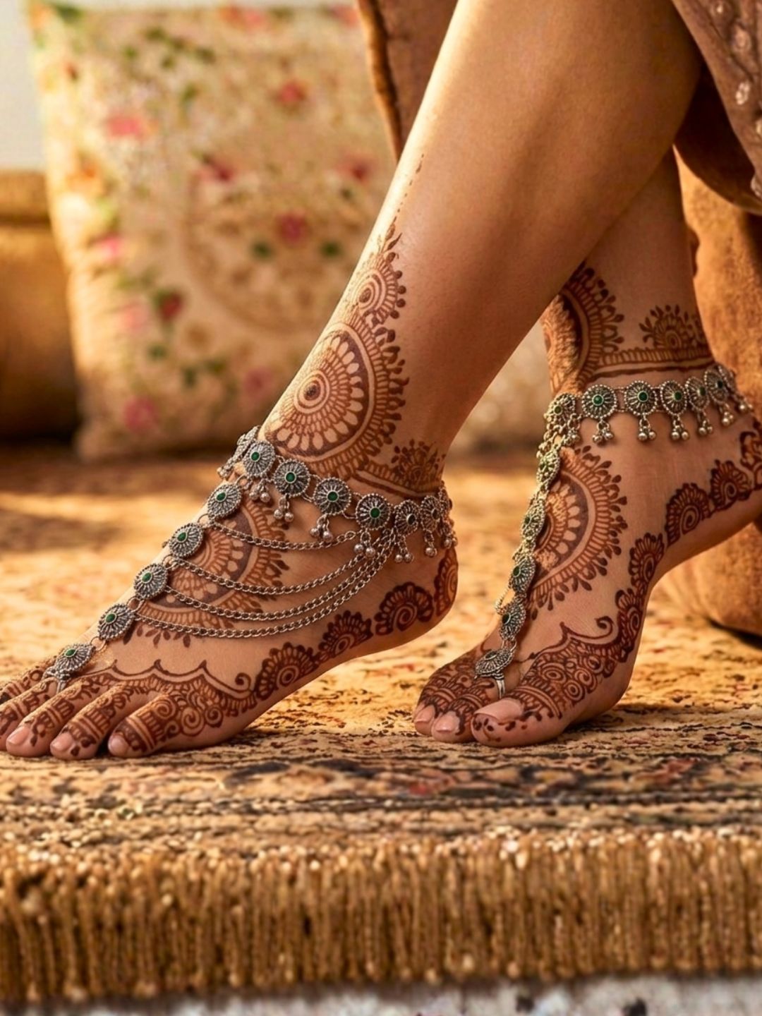 Women Oxidised Silver-Plated Pink Kundan Stone-Studded Layered Chain Anklet with Toe Ring