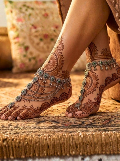 Women Oxidised Silver-Plated Pink Kundan Stone-Studded Layered Chain Anklet with Toe Ring