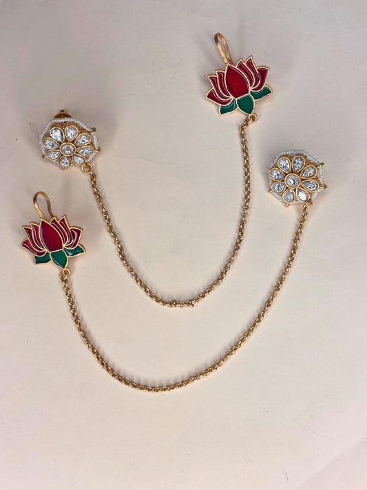 Gold-Plated Premium Lotus Motif Kundan Kan Chain Earrings