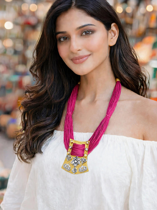 Gold-Plated Oxidised Statement Pink Thread Jute Necklace