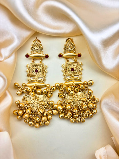 Gold-Plated Pink Stone Kundan Ghungroo Statement Drop Earrings