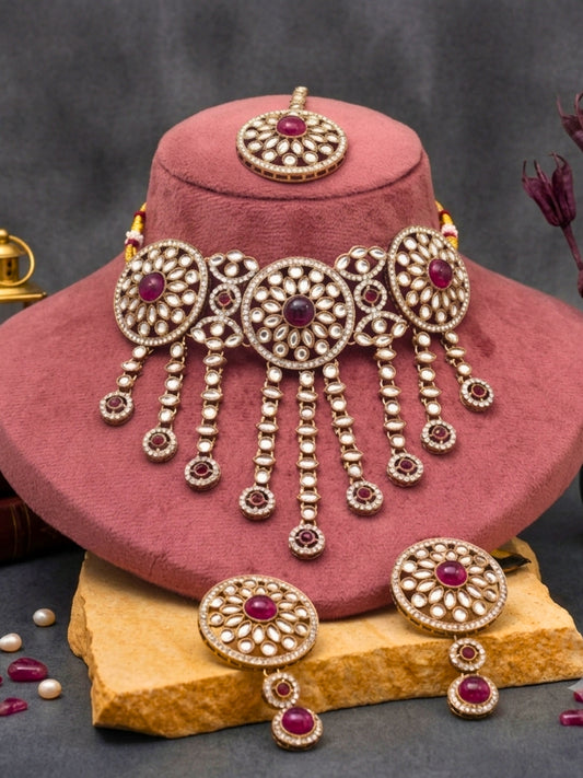 Gold-Plated Red Kundan Stone Choker Jewellery Set